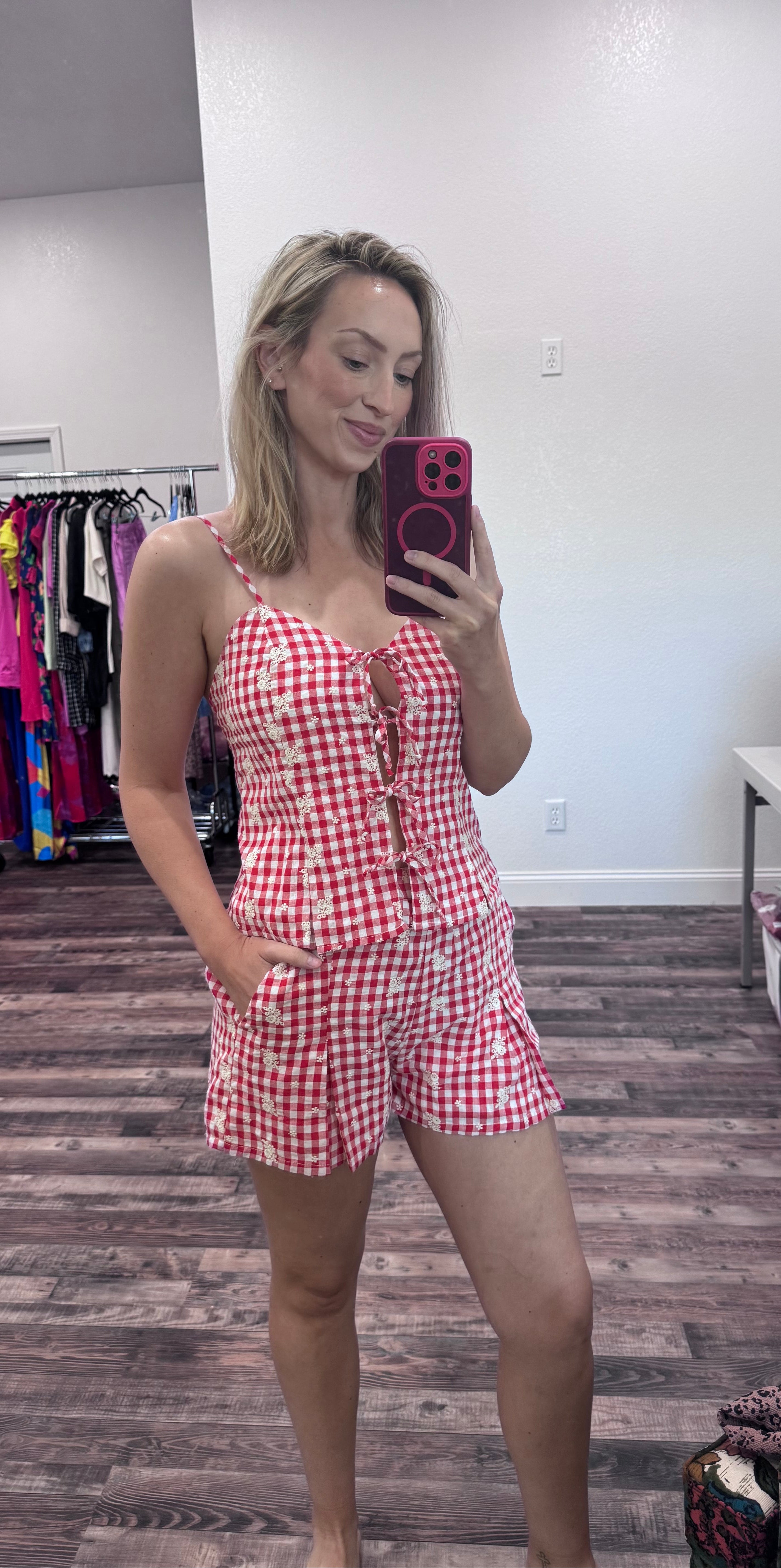 Red Embroidered Gingham TOP