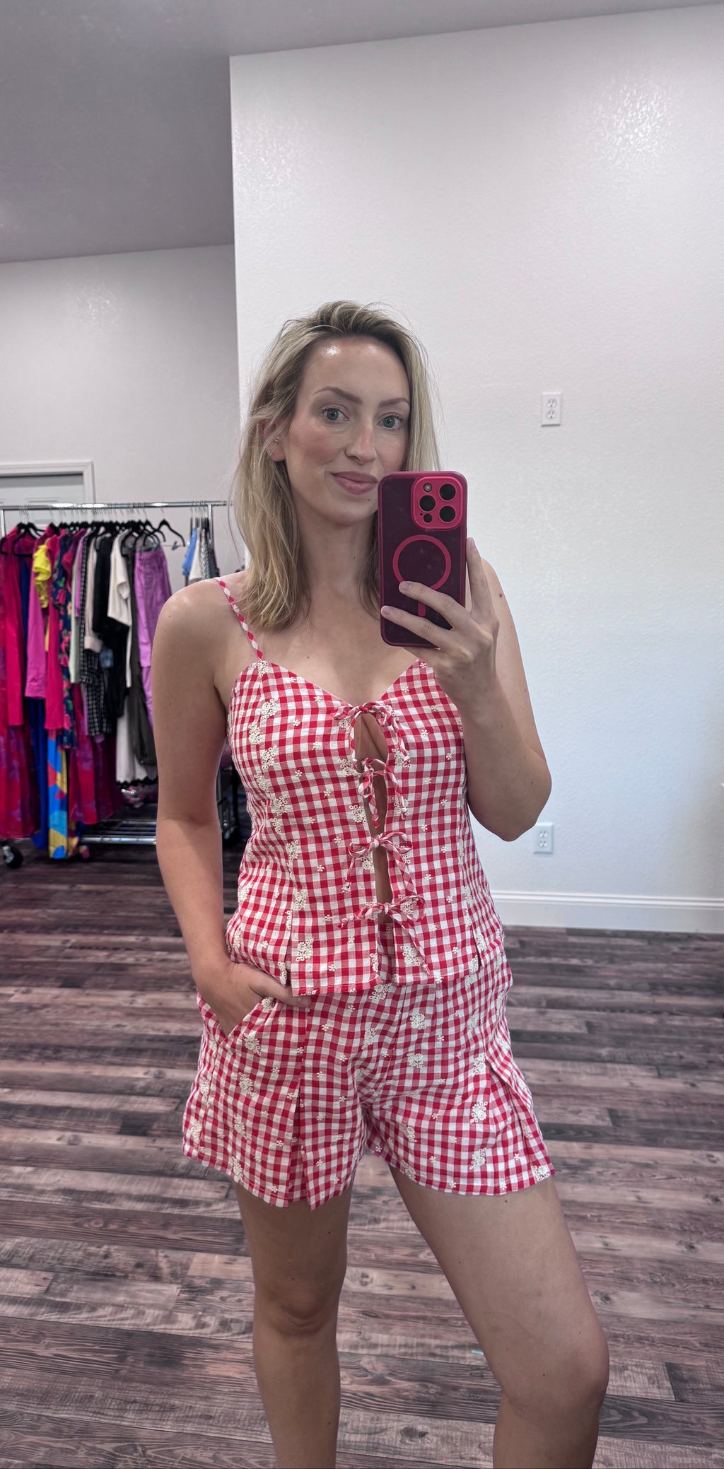 Red Embroidered Gingham TOP