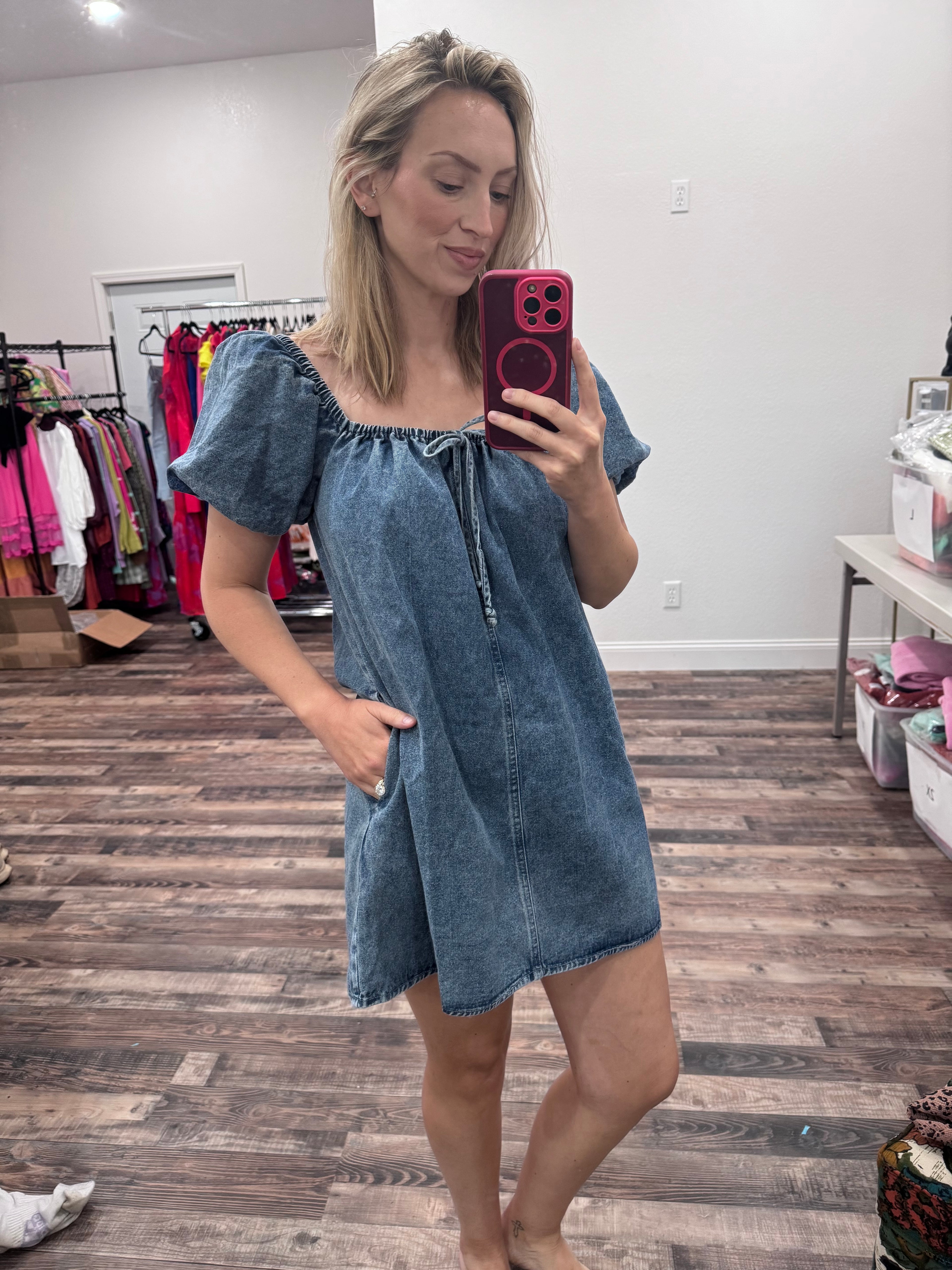 Square Neck Denim Dress